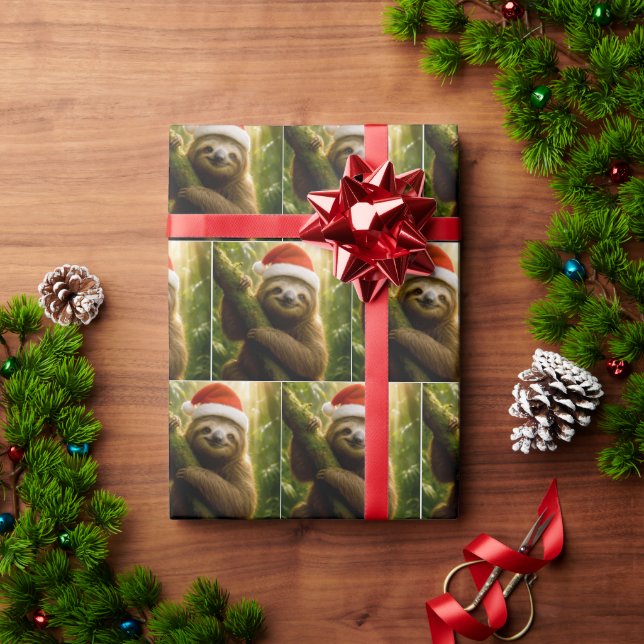 Christmas Sloth Wearing a Santa Hat Presentpapper (Julgåva)