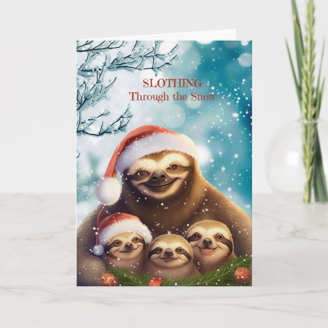 Christmas Sloth with Sloth Babies in Snow Helgkort (Framsida)