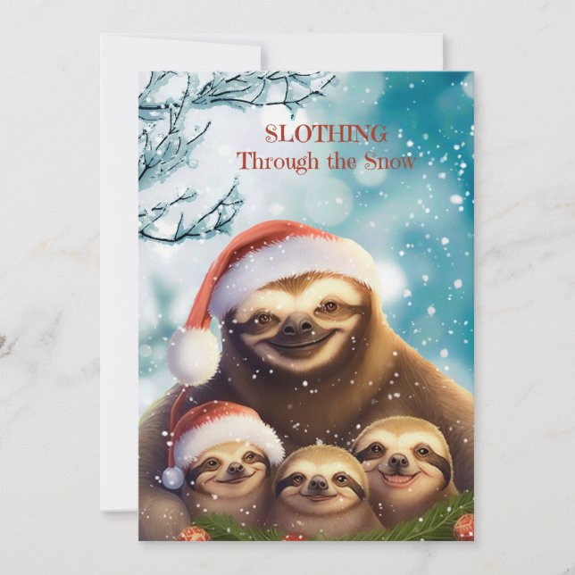 Christmas Sloth with Sloth Babies in Snow Julkort (Framsida)