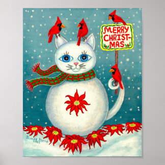Christmas Snowcat Cardinal Bird Snowman Poinsettia Poster