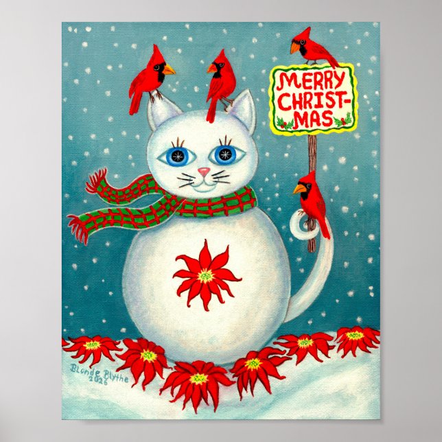 Christmas Snowcat Cardinal Bird Snowman Poinsettia Poster (Framsidan)