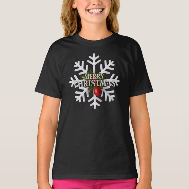 Christmas Snowflake And Shy Red Berry T Shirt (Framsida)