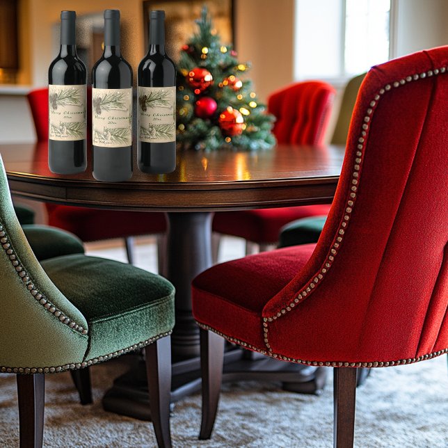 Christmas Snowflakes Pine Cones Pine Tree Branches Vinflaska Etikett (Skapare uppladdad)