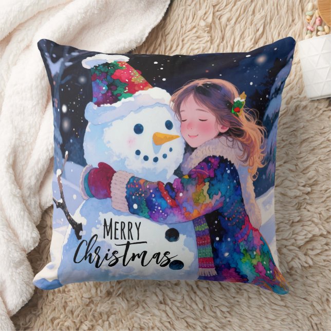 Christmas Snowman And A Girl Kudde (Filt)