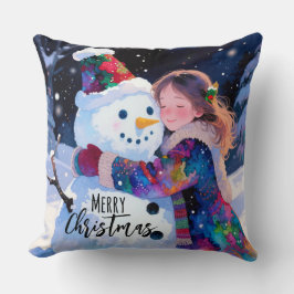 Christmas Snowman And A Girl Kudde