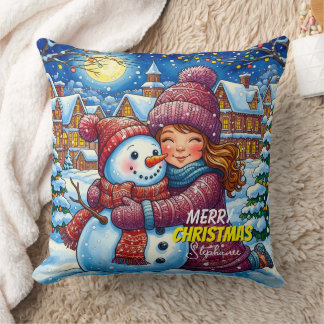 Christmas Snowman And A Girl Throw Pillow Kudde