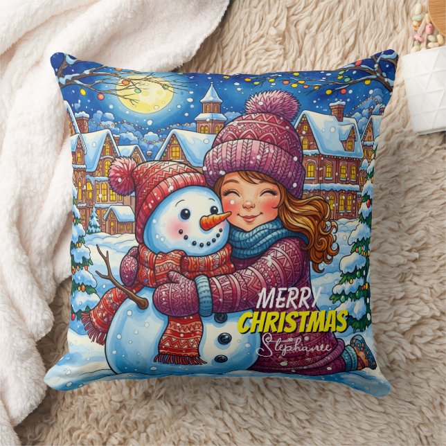 Christmas Snowman And A Girl Throw Pillow Kudde (Filt)