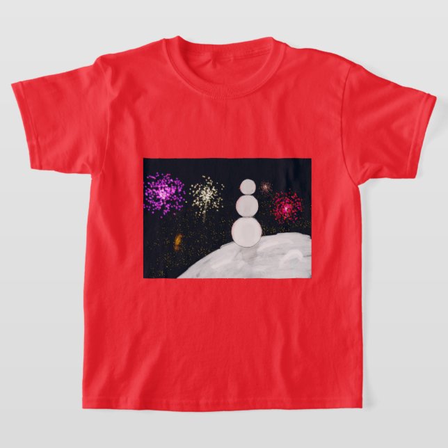Christmas Snowman and fireworks kids t-shirt (Laydown)