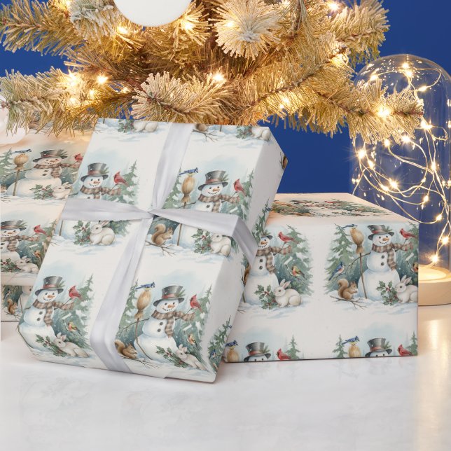 Christmas Snowman and Forest Birds, Animals  Presentpapper (Helgdagar)