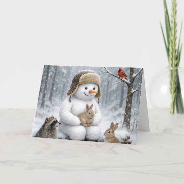 Christmas Snowman In Winter Woods With Animal Kort (Framsida)