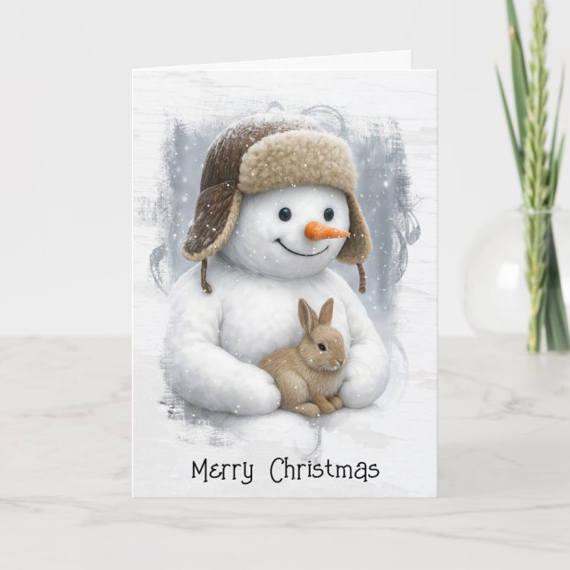 Christmas Snowman In Winter Woods with Bunny Kort (Framsida)