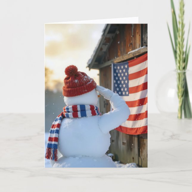 Christmas Snowman Saluting an American Flag Kort (Framsida)