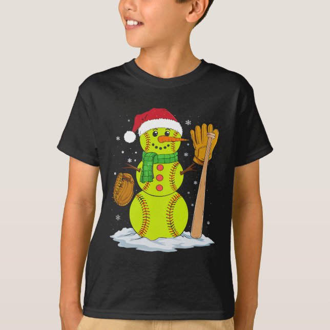 Christmas Snowman Softbyll Pitcher Boys Kids Teens T Shirt (Framsida)