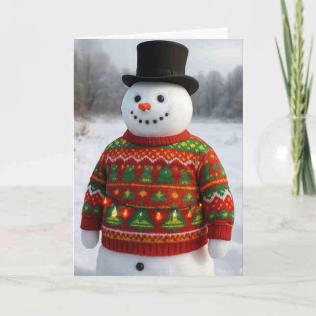 Christmas Snowman Wearing an Ugly Sweater Kort (Framsida)