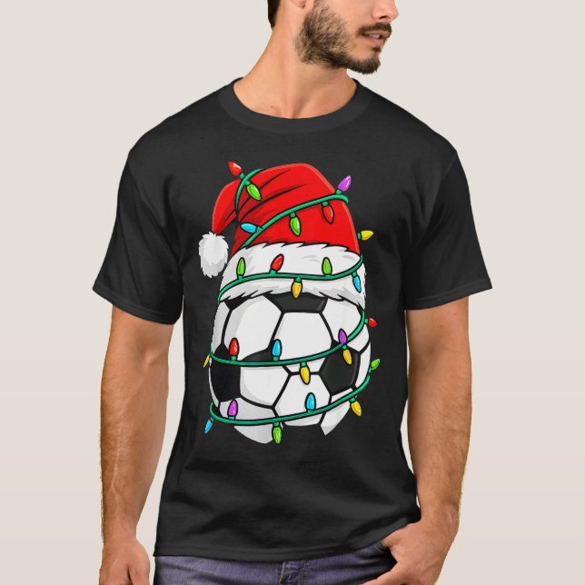 Christmas Soccer Santa Hat Lights Santa Srts Xmas  T Shirt (Framsida)