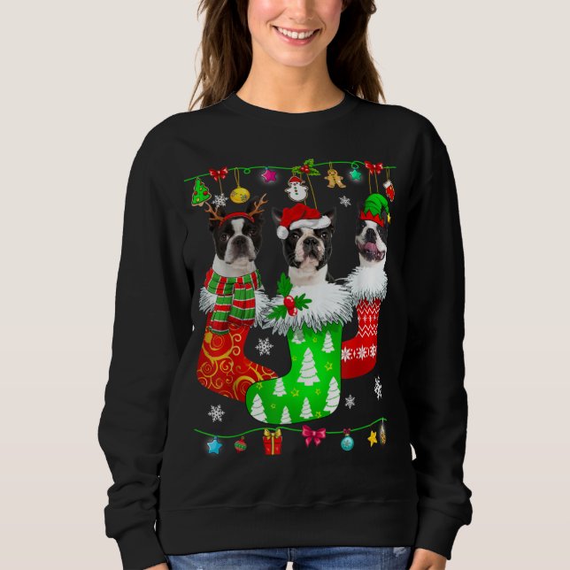Christmas Socks Pajama Boston Terrier Dog Puppy Lo T Shirt (Framsida)