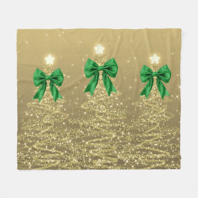 Christmas Sparkling Trees Gold Faux Green Bow  Fleecefilt (Framsidan (Horisontell))