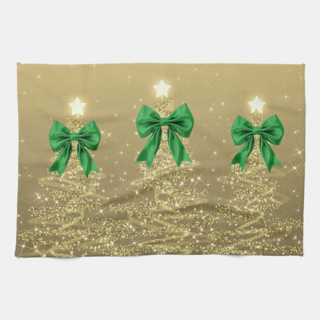 Christmas Sparkling Trees Gold Faux Green Bow  Kökshandduk (Horisontell)
