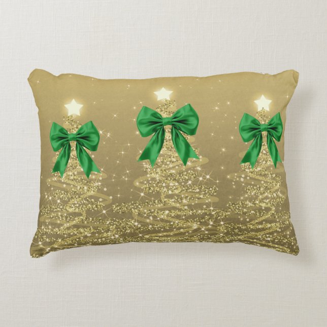 Christmas Sparkling Trees Gold Faux Green Bow  Prydnadskudde (Framsidan)