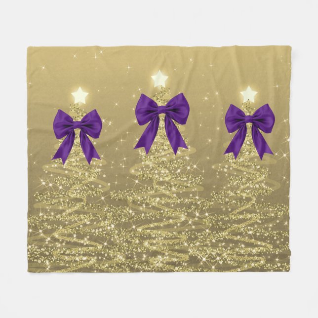Christmas Sparkling Trees Gold Faux Purple Bow  Fleecefilt (Framsidan (Horisontell))
