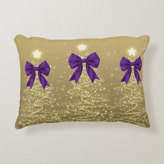 Christmas Sparkling Trees Gold Faux Purple Bow  Prydnadskudde (Framsidan)