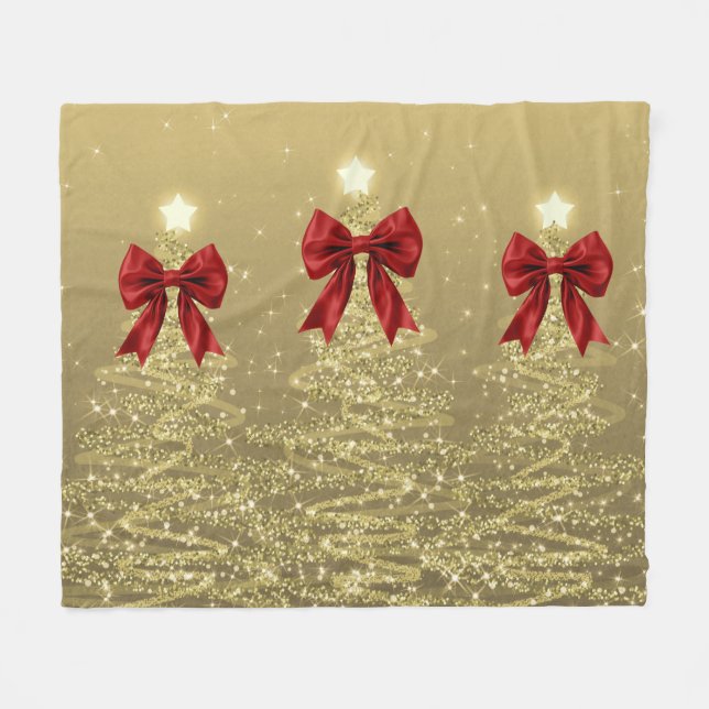 Christmas Sparkling Trees Gold Faux Red Bow  Fleecefilt (Framsidan (Horisontell))
