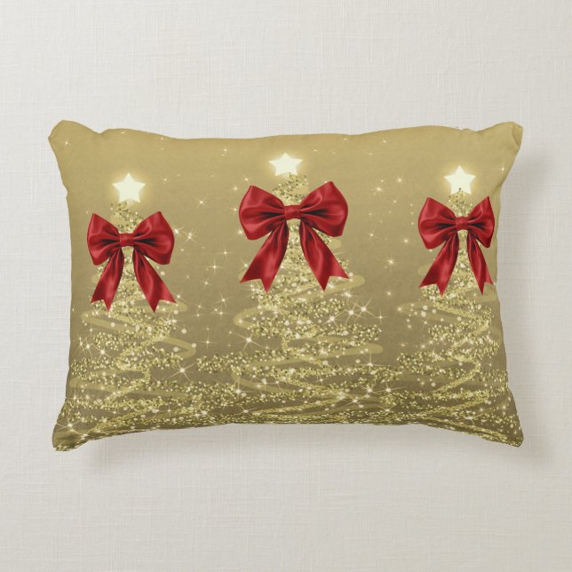 Christmas Sparkling Trees Gold Faux Red Bow  Prydnadskudde (Framsidan)