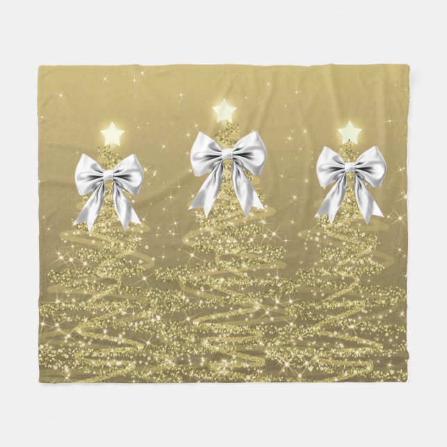 Christmas Sparkling Trees Gold Faux Silver Bow  Fleecefilt (Framsidan (Horisontell))