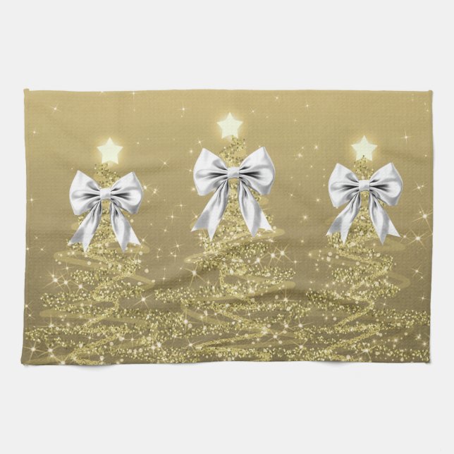 Christmas Sparkling Trees Gold Faux Silver Bow  Kökshandduk (Horisontell)