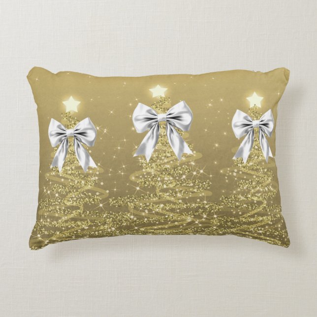 Christmas Sparkling Trees Gold Faux Silver Bow  Prydnadskudde (Framsidan)