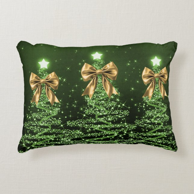 Christmas Sparkling Trees Green Faux Gold Bow  Prydnadskudde (Framsidan)
