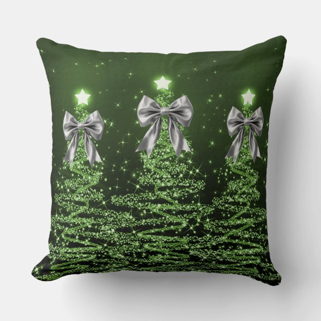 Christmas Sparkling Trees Green Faux Silver Bow  Kudde (Framsida)