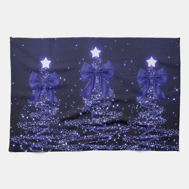 Christmas Sparkling Trees Navy Blue Faux Bow  Kökshandduk (Horisontell)
