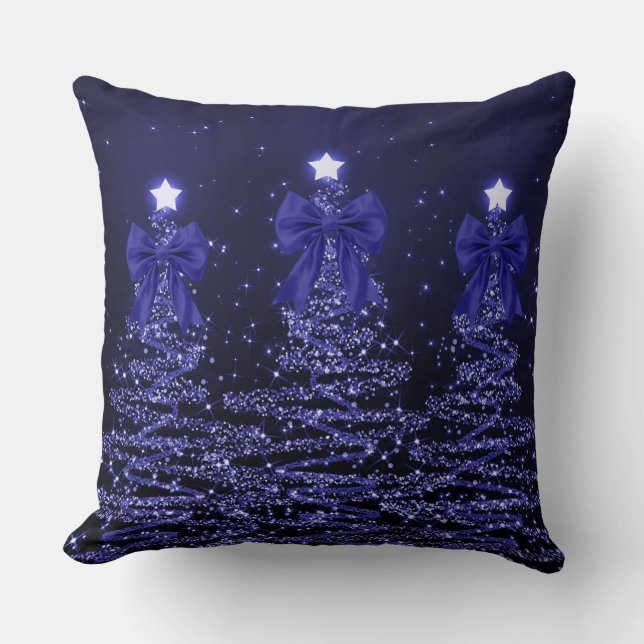 Christmas Sparkling Trees Navy Blue Faux Bow  Kudde (Framsida)