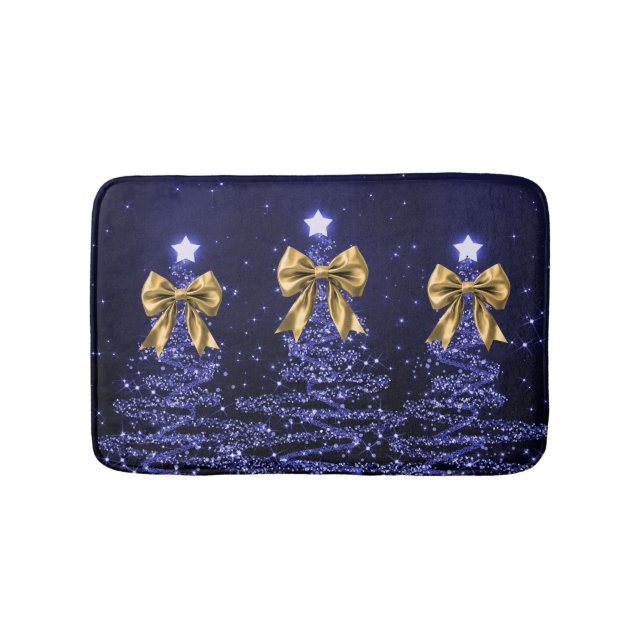 Christmas Sparkling Trees Navy Blue Faux Gold Bow  Badrumsmatta (Framsidan)