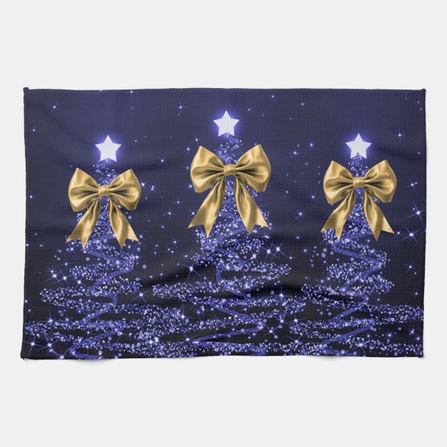 Christmas Sparkling Trees Navy Blue Faux Gold Bow  Kökshandduk (Horisontell)