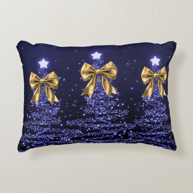 Christmas Sparkling Trees Navy Blue Faux Gold Bow  Prydnadskudde (Framsidan)