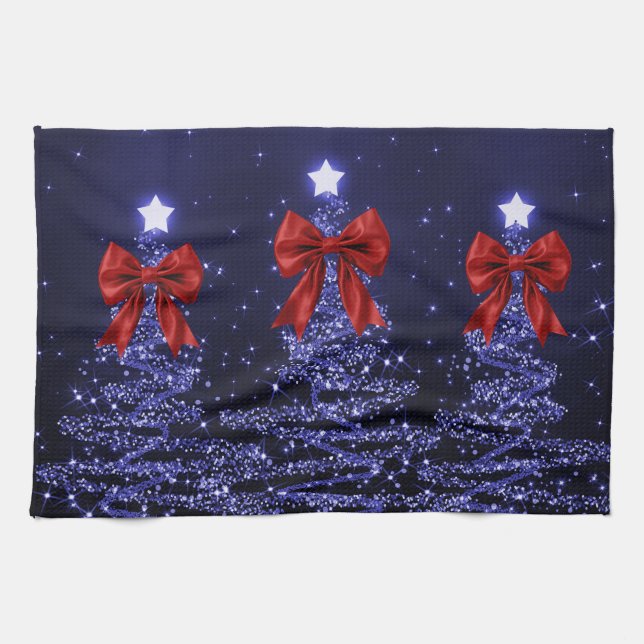 Christmas Sparkling Trees Navy Blue Faux Red Bow  Kökshandduk (Horisontell)