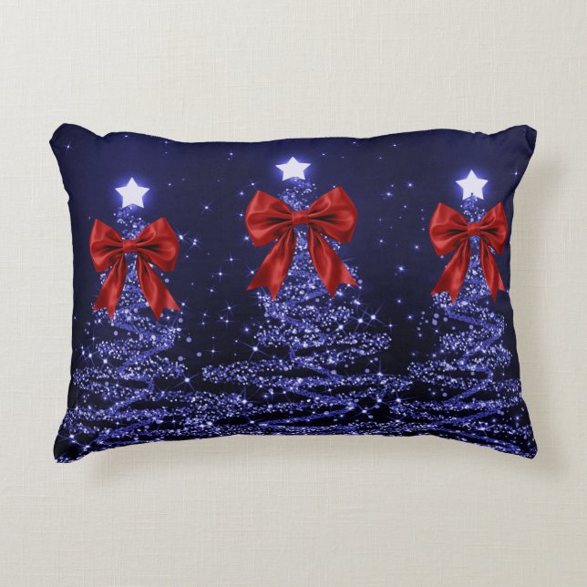 Christmas Sparkling Trees Navy Blue Faux Red Bow  Prydnadskudde (Framsidan)