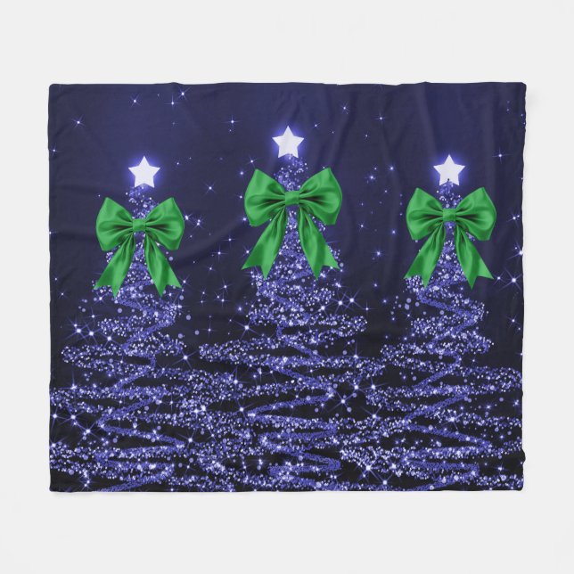Christmas Sparkling Trees Navy Blue Green Bow  Fleecefilt (Framsidan (Horisontell))