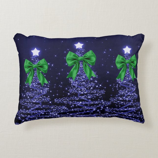 Christmas Sparkling Trees Navy Blue Green Bow  Prydnadskudde (Framsidan)