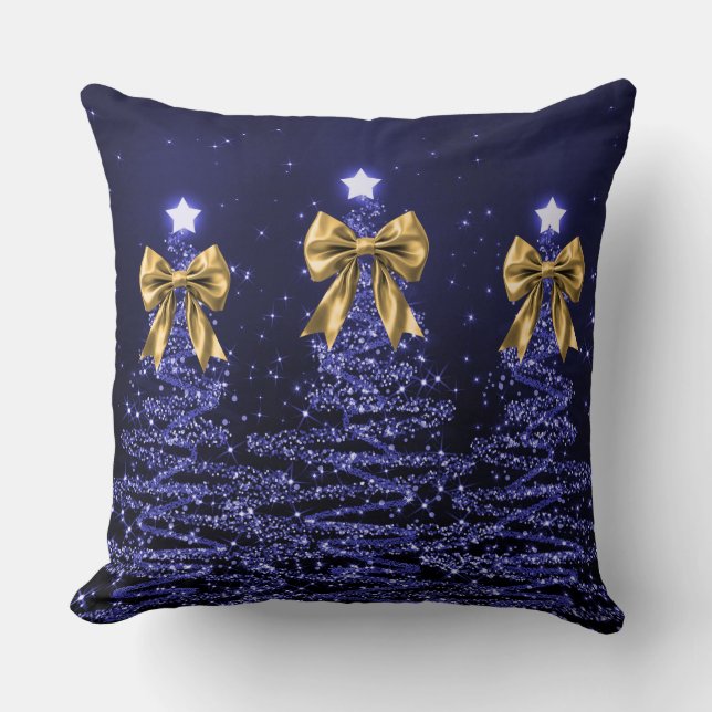 Christmas Sparkling Trees Navy Faux Gold Bow  Kudde (Framsida)