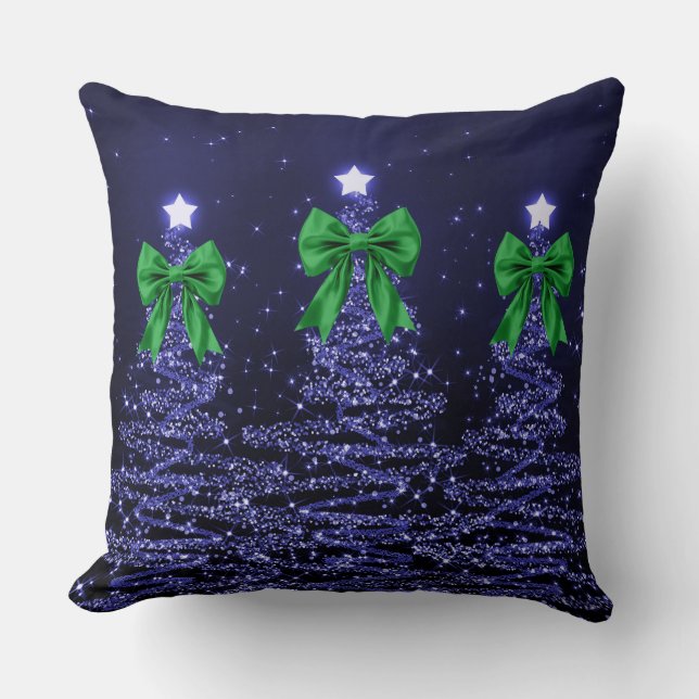 Christmas Sparkling Trees Navy Faux Green Bow  Kudde (Framsida)
