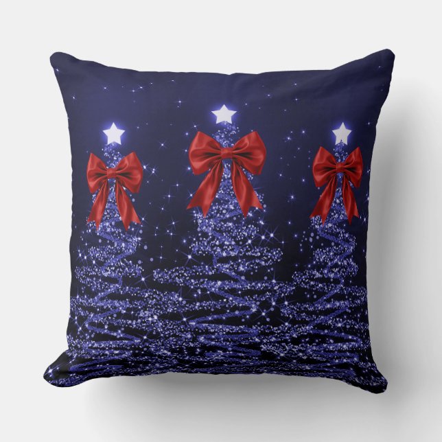 Christmas Sparkling Trees Navy Faux Red Bow  Kudde (Framsida)