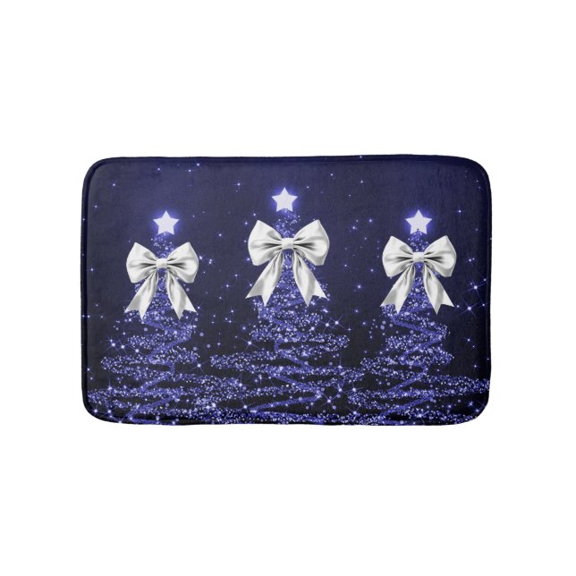 Christmas Sparkling Trees Navy Faux Silver Bow  Badrumsmatta (Framsidan)