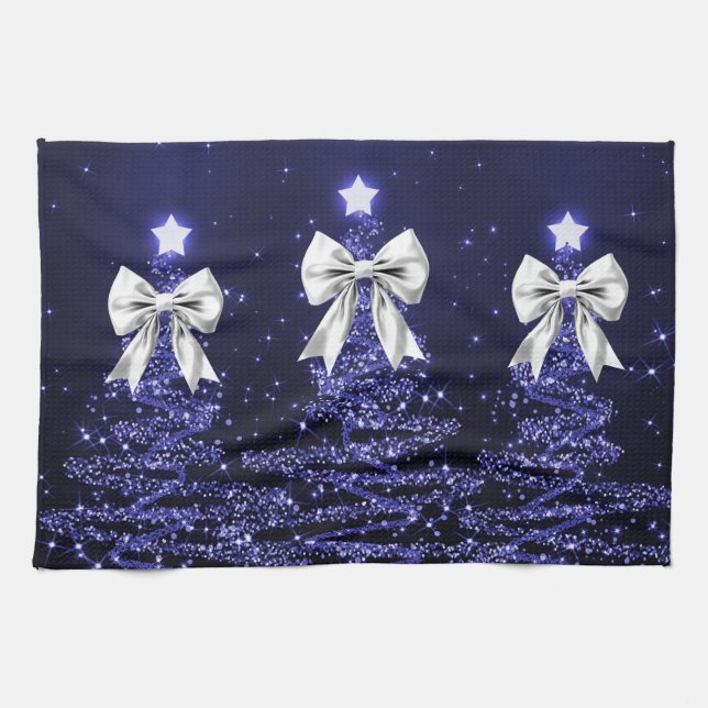 Christmas Sparkling Trees Navy Faux Silver Bow  Kökshandduk (Horisontell)