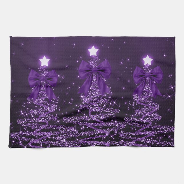 Christmas Sparkling Trees Purple Faux Bow  Kökshandduk (Horisontell)