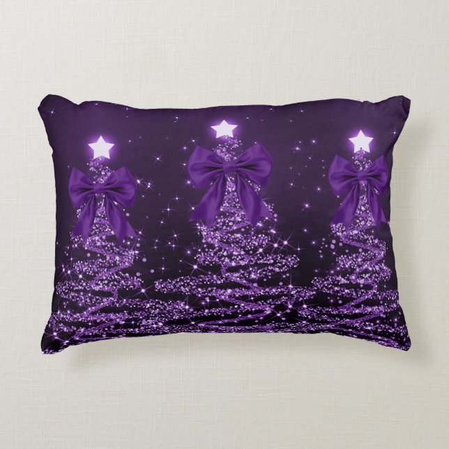 Christmas Sparkling Trees Purple Faux Bow  Prydnadskudde (Framsidan)