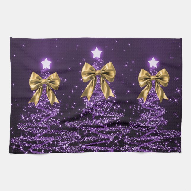 Christmas Sparkling Trees Purple Faux Gold Bow  Kökshandduk (Horisontell)