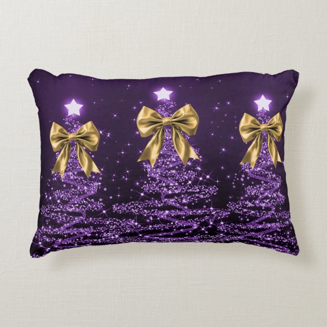 Christmas Sparkling Trees Purple Faux Gold Bow  Prydnadskudde (Framsidan)